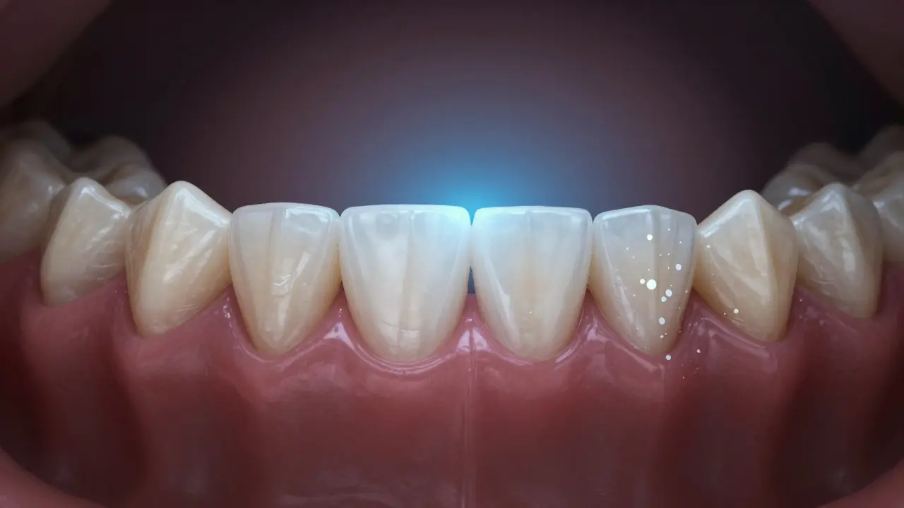 Kontrast mezi zdravými zuby a poškozenými zuby pod rovnátky.