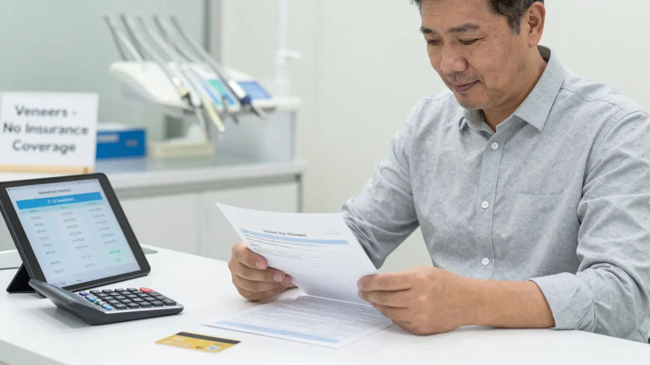 Muž prohlíží splátkový plán pro zubní fazety v zubní klinice.