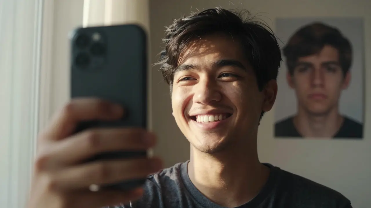 Muž se usmívá při fotení selfie s přirozeně bílými zuby.