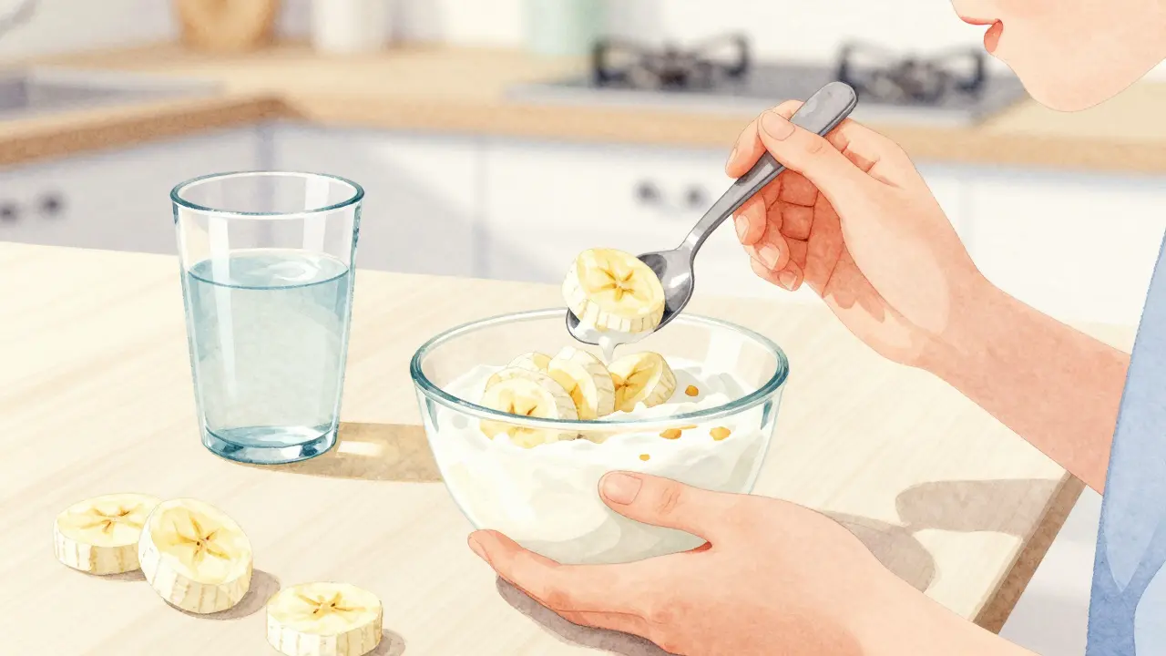 Osoba konzumující jogurt a banán po kyretáži