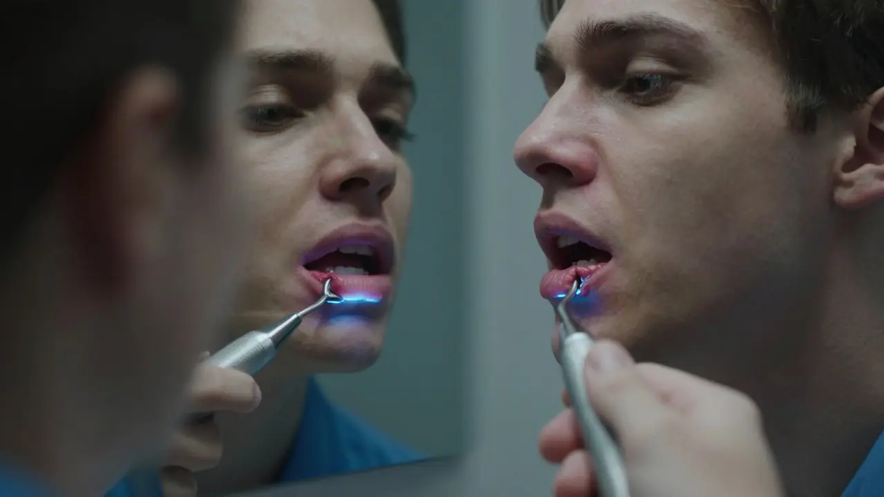 Osoba s krvácivými dásněmi ve zrcadle, zatímco zubní lékař připravuje profesionální čistku.