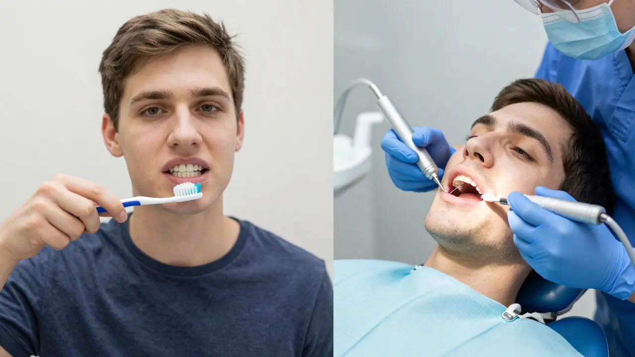 Porovnání denní hygieny a odborného čištění pod dásní.