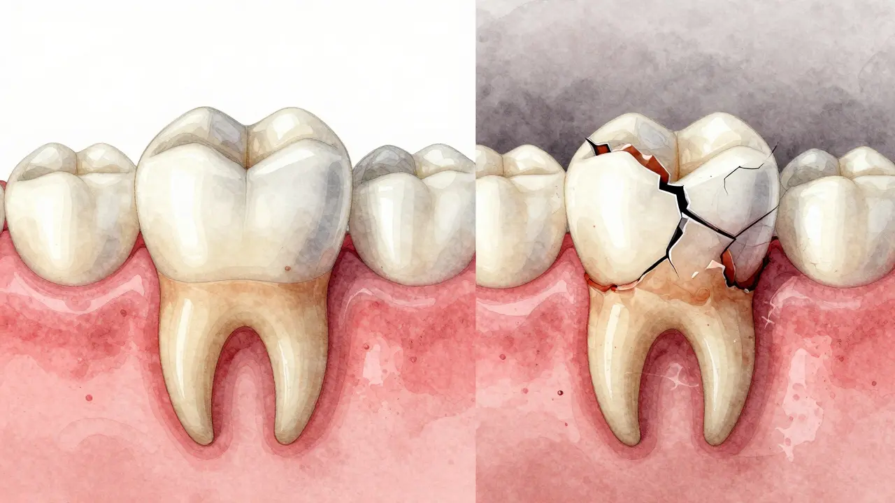 Porovnání ideálního a poškozeného stavu celokeramické korunky s důrazem na brusání zubů a hygienu.
