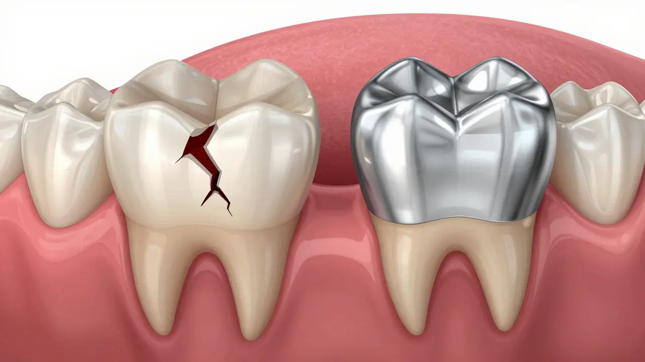Porovnání poškozeného zubu a zubu po nasazení korunky — přechod od škody k obnově.