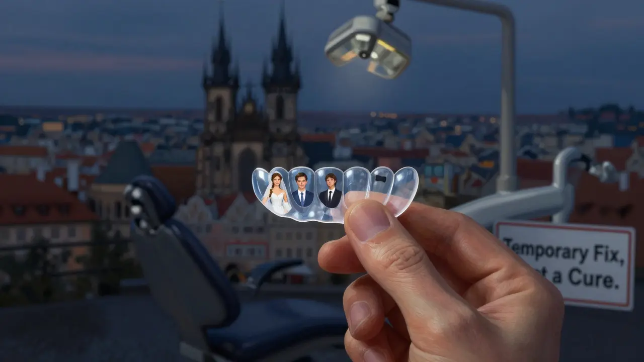 Přechodná zubní placka odrazuje obrazy svatby, pohovoru a sociálních sítí.