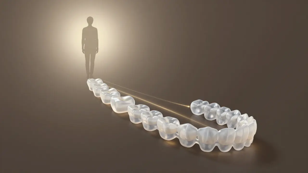 Řada průhledných rovnátek tvoří cestu k dokonalému úsměvu.