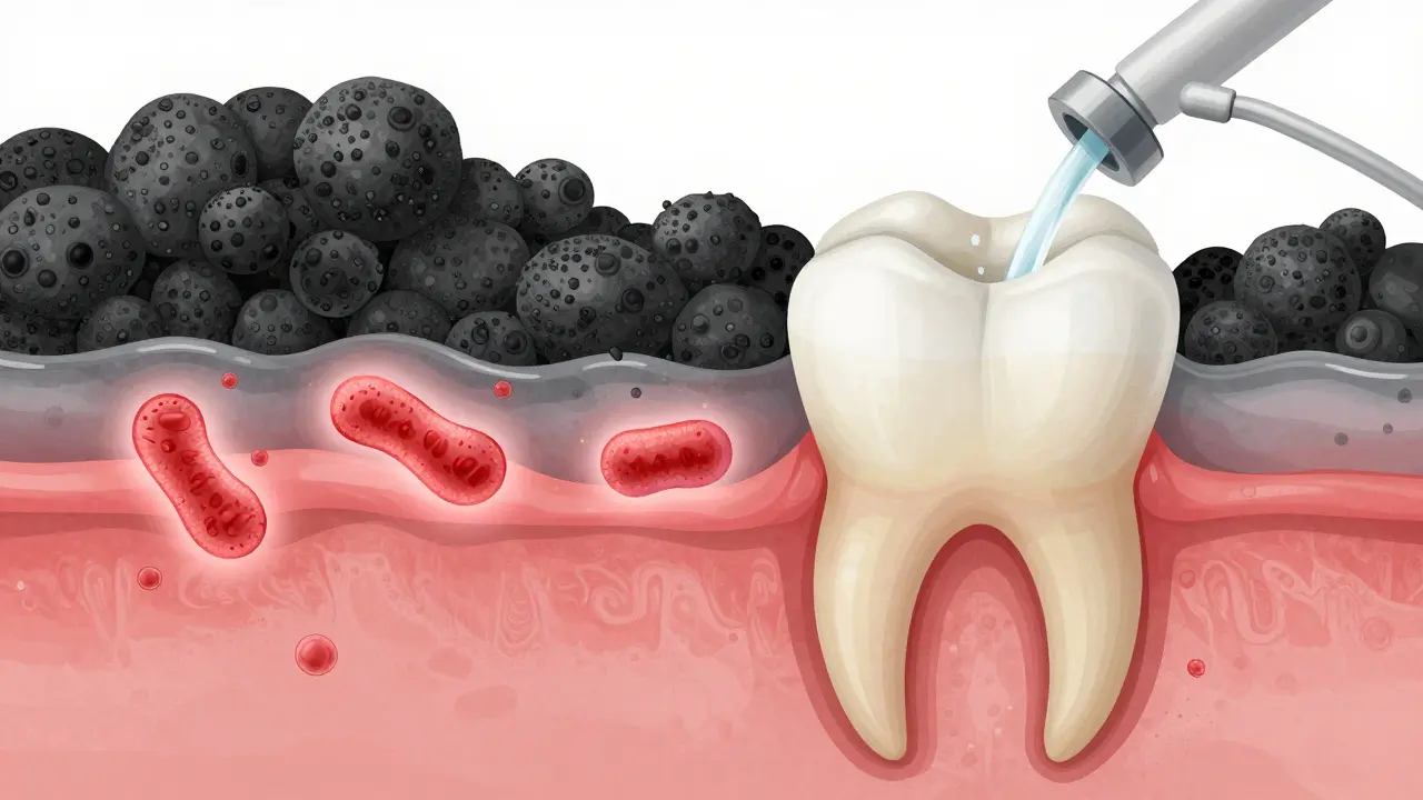 Řez zubem ukazuje vrstvy černého kameně, bakterií a plaku s proudem vody, který jej odstraňuje.