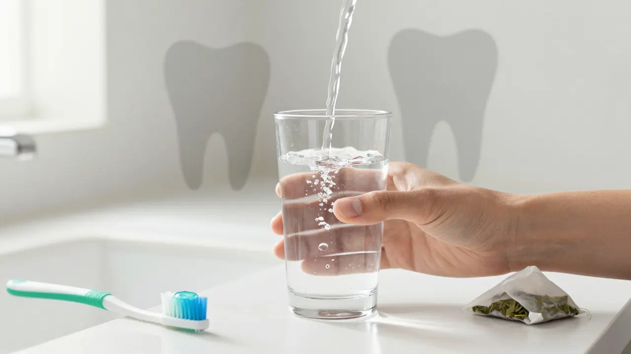 Ruka drží sklenici vody, zatímco černý kámen na zubech postupně mizí – symbol prevence.