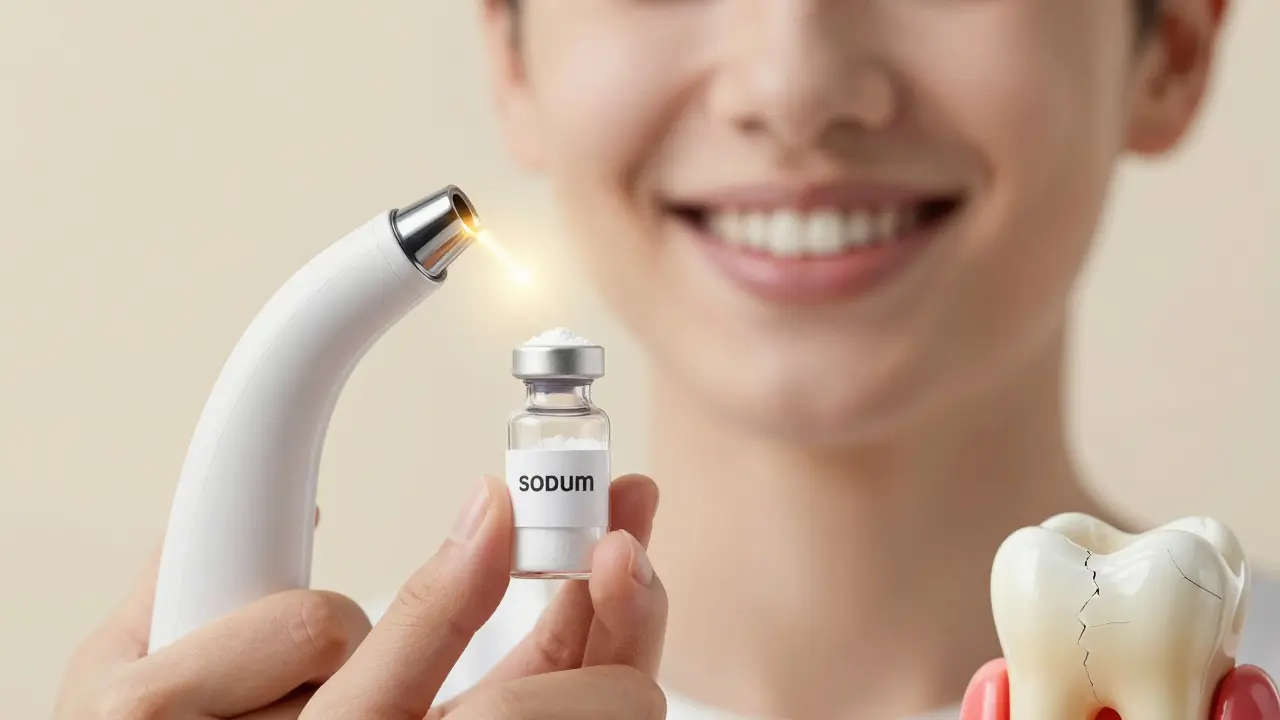 Ruka drží sódový prášek vedle zařízení na pískování, symbolizující bezpečné a profesionální použití.