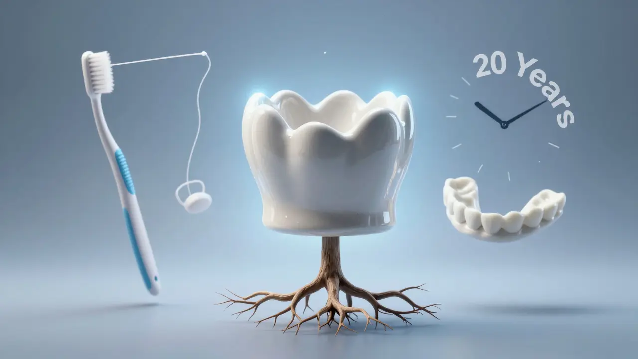 Symbolický obraz celokeramické korunky s prvky péče, které zajišťují její dlouhodobou životnost.