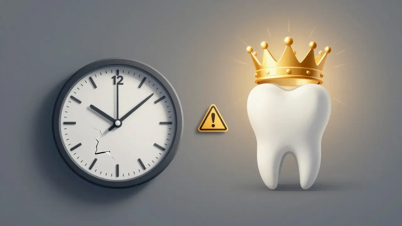 Symbolický obraz volby mezi ztrátou zubu a jeho zachráněním korunkou.