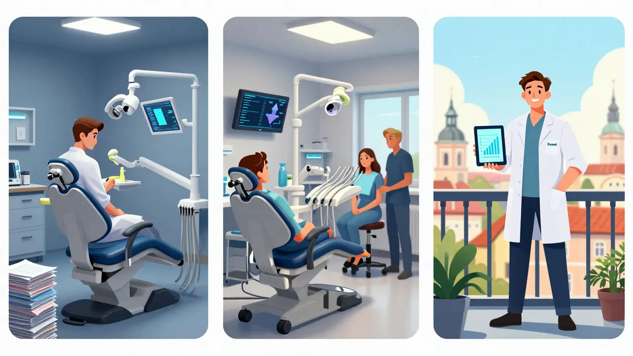 Tři scény znázorňující cestu zubaře od izolované práce k vedení úspěšné zubní kliniky v Praze.