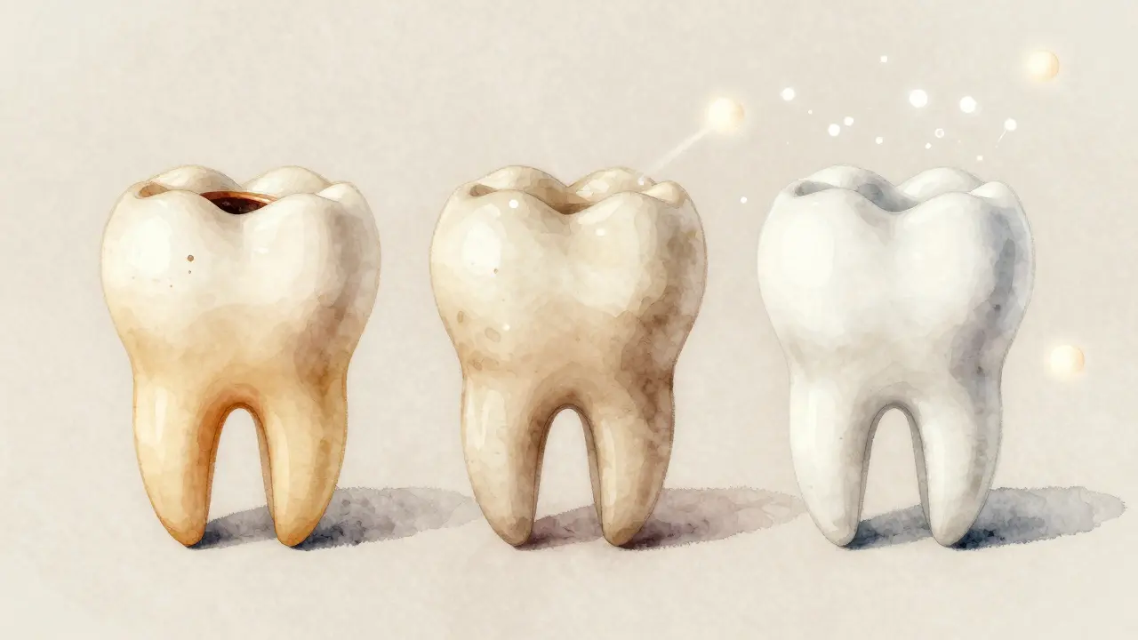Tři zuby v různých fázích bělení: žlutý, nepravidelně bělý a dokonale bílý.