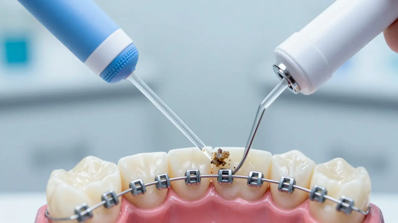 Vodní proud čistí zbytky jídla pod kovovými rovnátky.