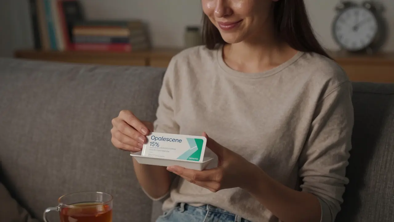 Žena večer na pohovce s bělícím gelom, který používá jen 5 minut denně.