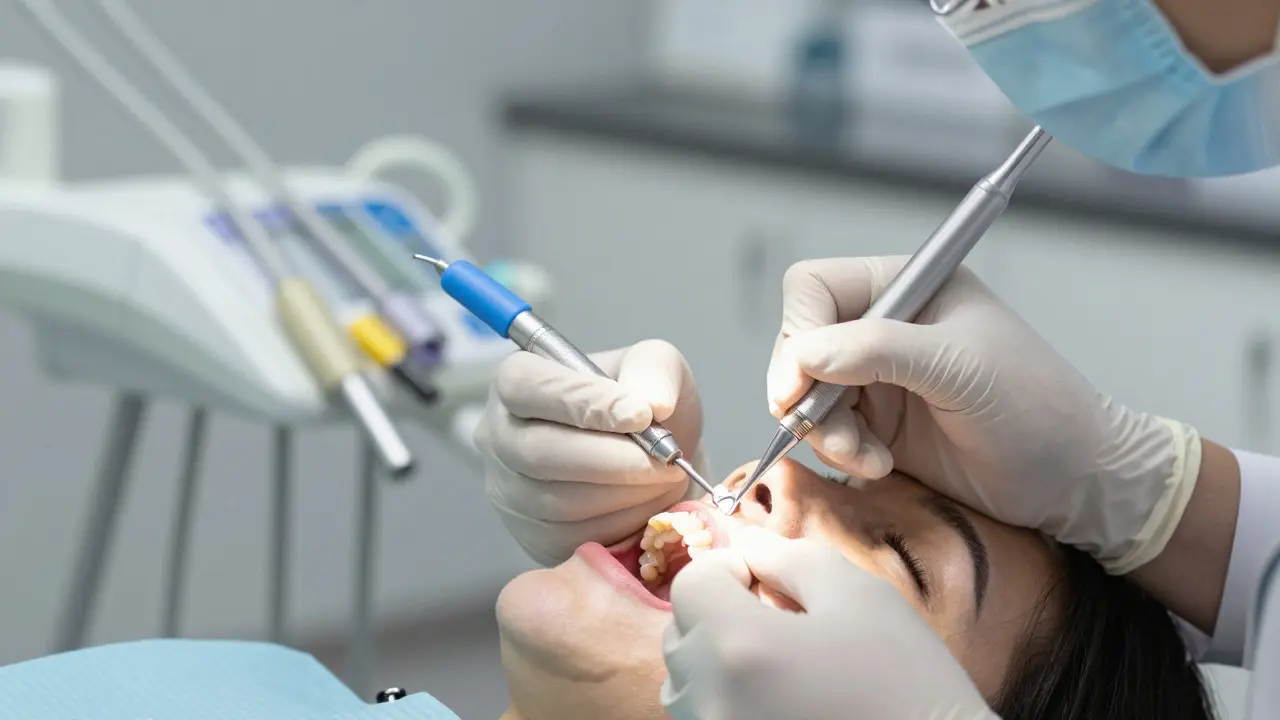 Zubní lékař aplikuje keramické vložky na přední zuby pacienta.