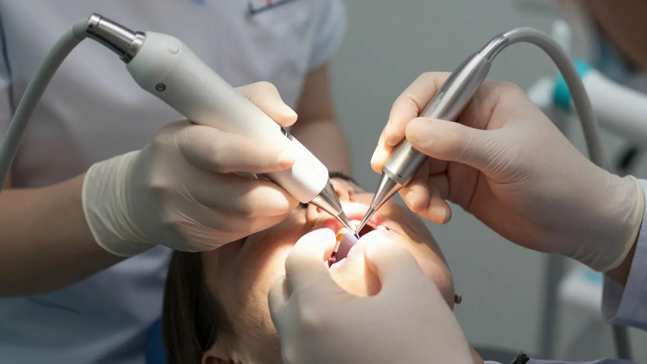 Zubní lékař odstraňuje kámen ultrazvukovým škraňováním