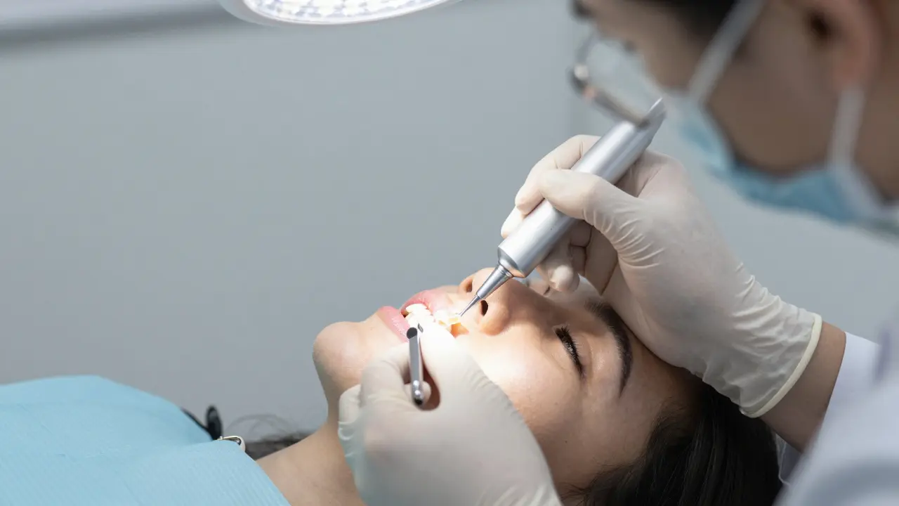 Zubní lékař přilepuje fazetu na zub v klinice.