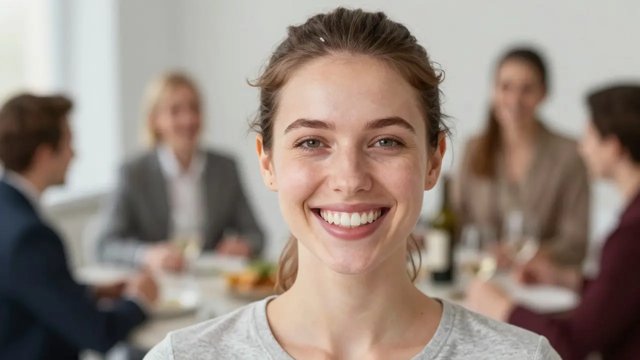 Člověk se směje do zrcadla s jasnými zuby, symbolizující zvýšené sebevědomí.
