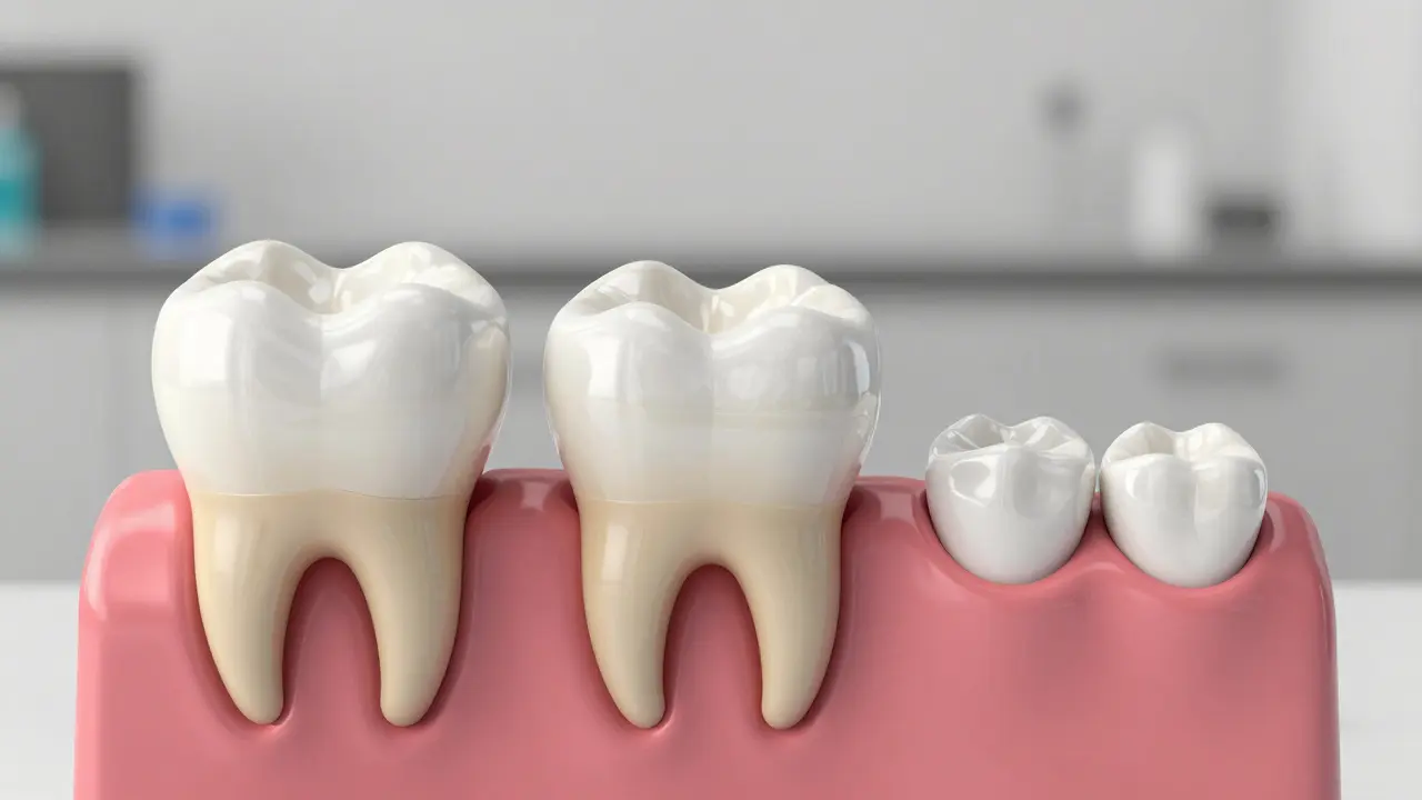Comparison of dental restoration methods: filling, crown, and veneer on a previously inflamed tooth.