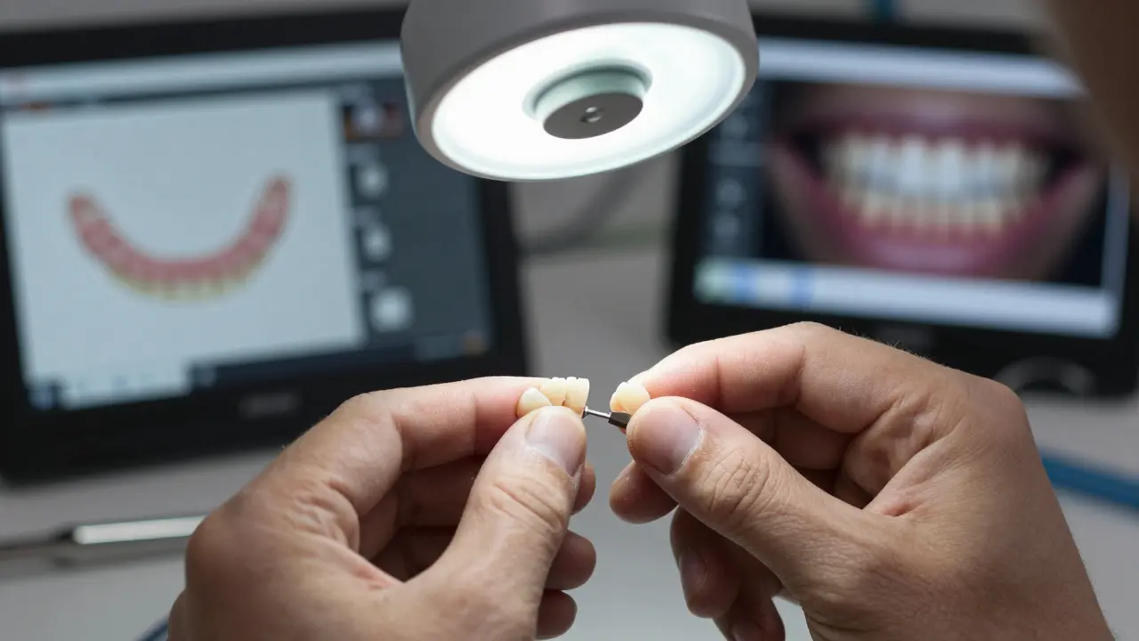 Dental technik pracuje na porcelánové fazetě v laboratoři pod magnifikací.