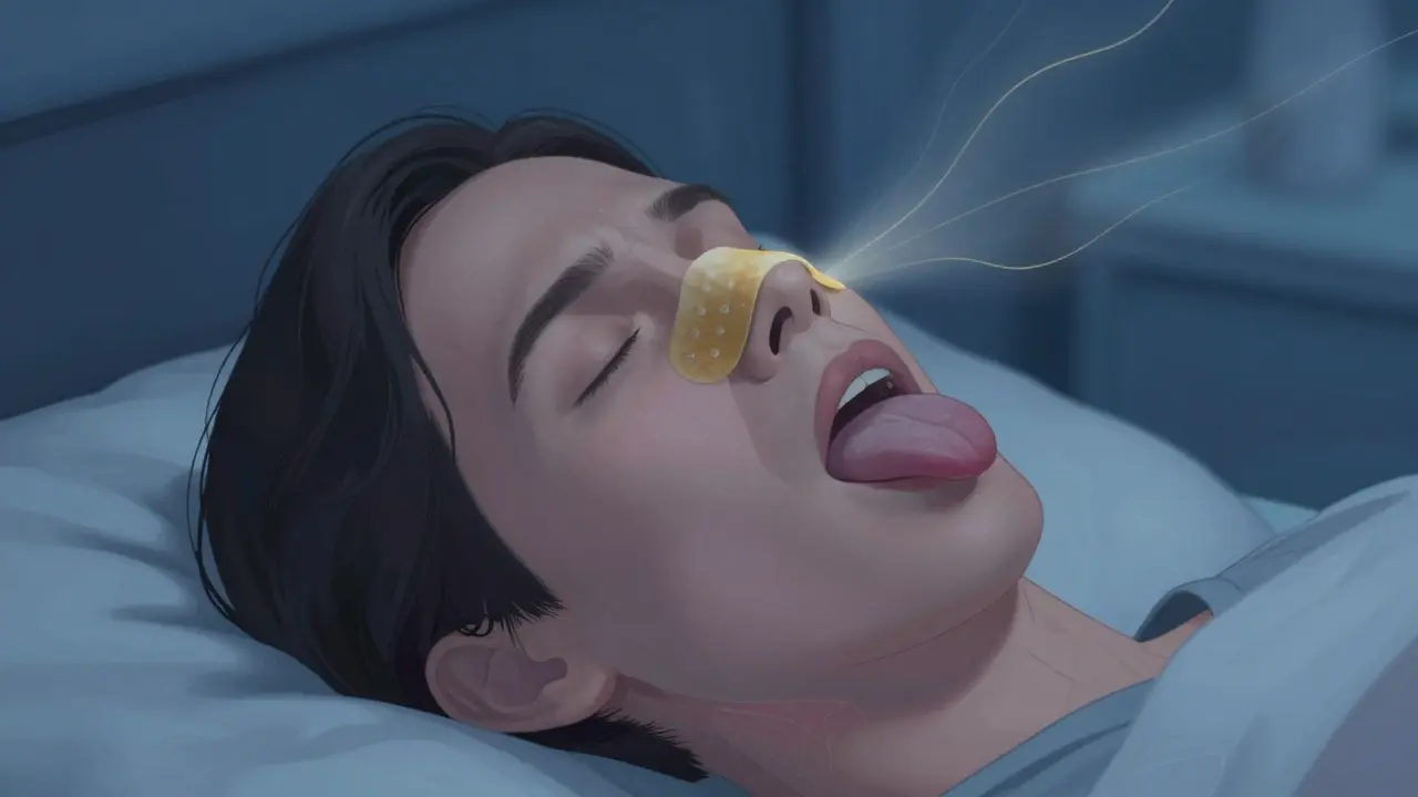 Dospělý leží v posteli s náplastí na nosu a jazykem přitlačeným ke stropu úst.