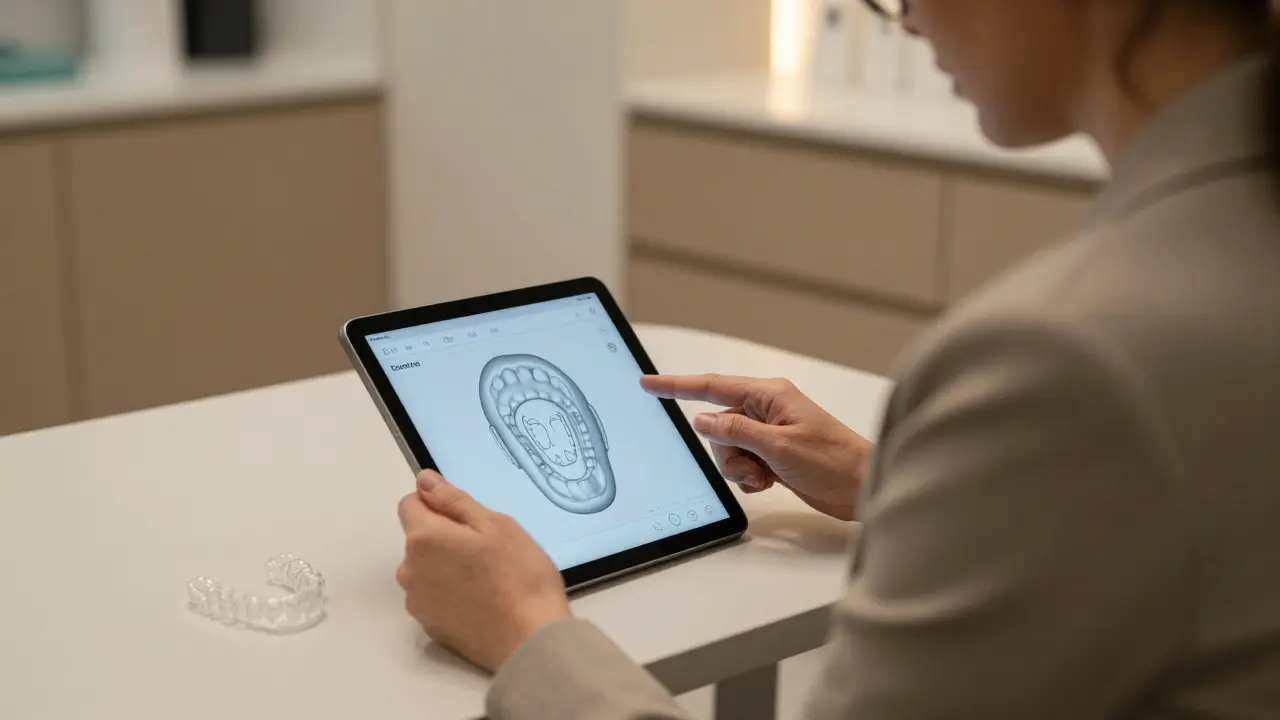 Dospělý muž si prohlíží digitální plán léčby neviditelnými rovnátky u ortodonta.