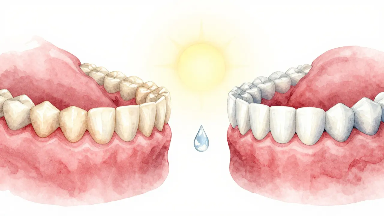 Dva soubory zubů: přirozené a poškozené vlevo, dokonalé keramické fazety vpravo.