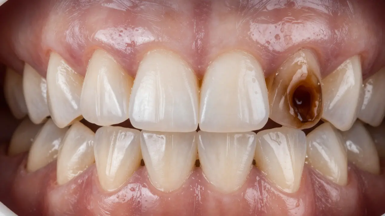 Dvě přední zuby: jedno s keramickou fazetou, druhé s hlubokým zabarvením, ukazující rozdíl mezi bělením a estetickými fazetami.