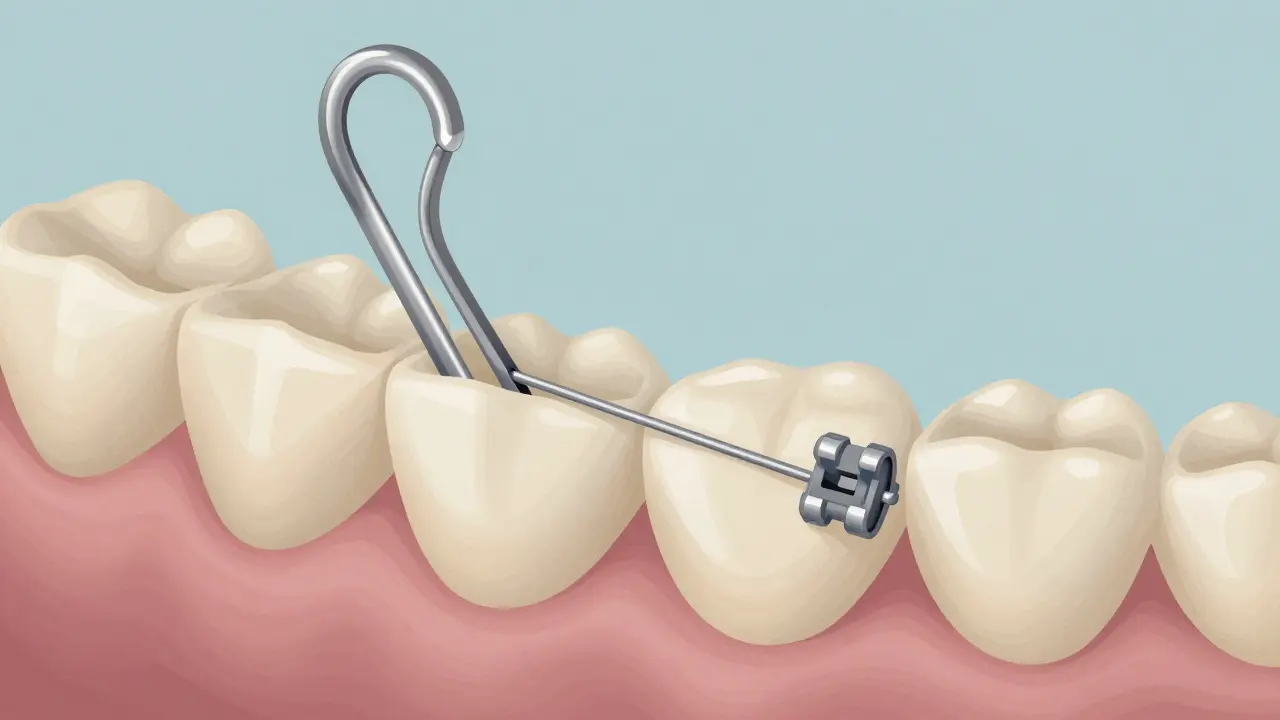 Hřebíček na zub s gumkou připojenou k druhému zubu, ukazující sílu pro zarovnání.