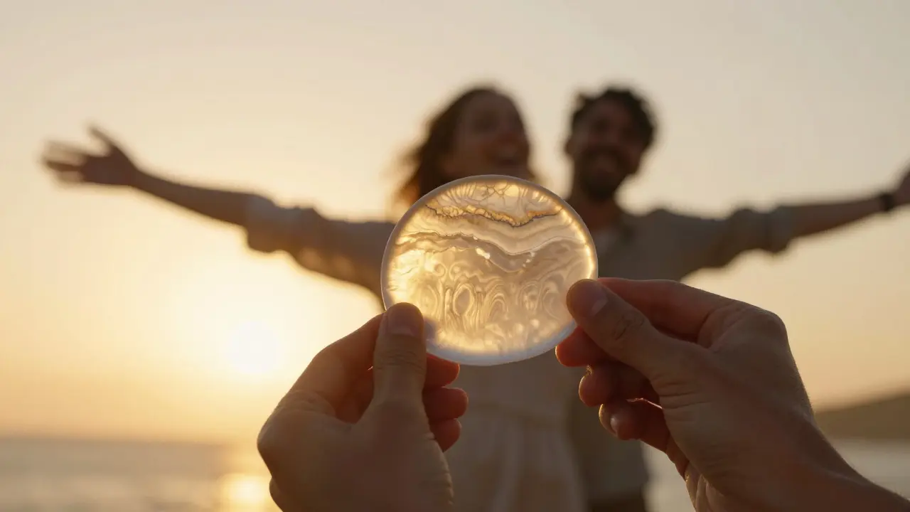 Jedna tenká keramická fazeta světlem osvětlená na pozadí východu slunce.