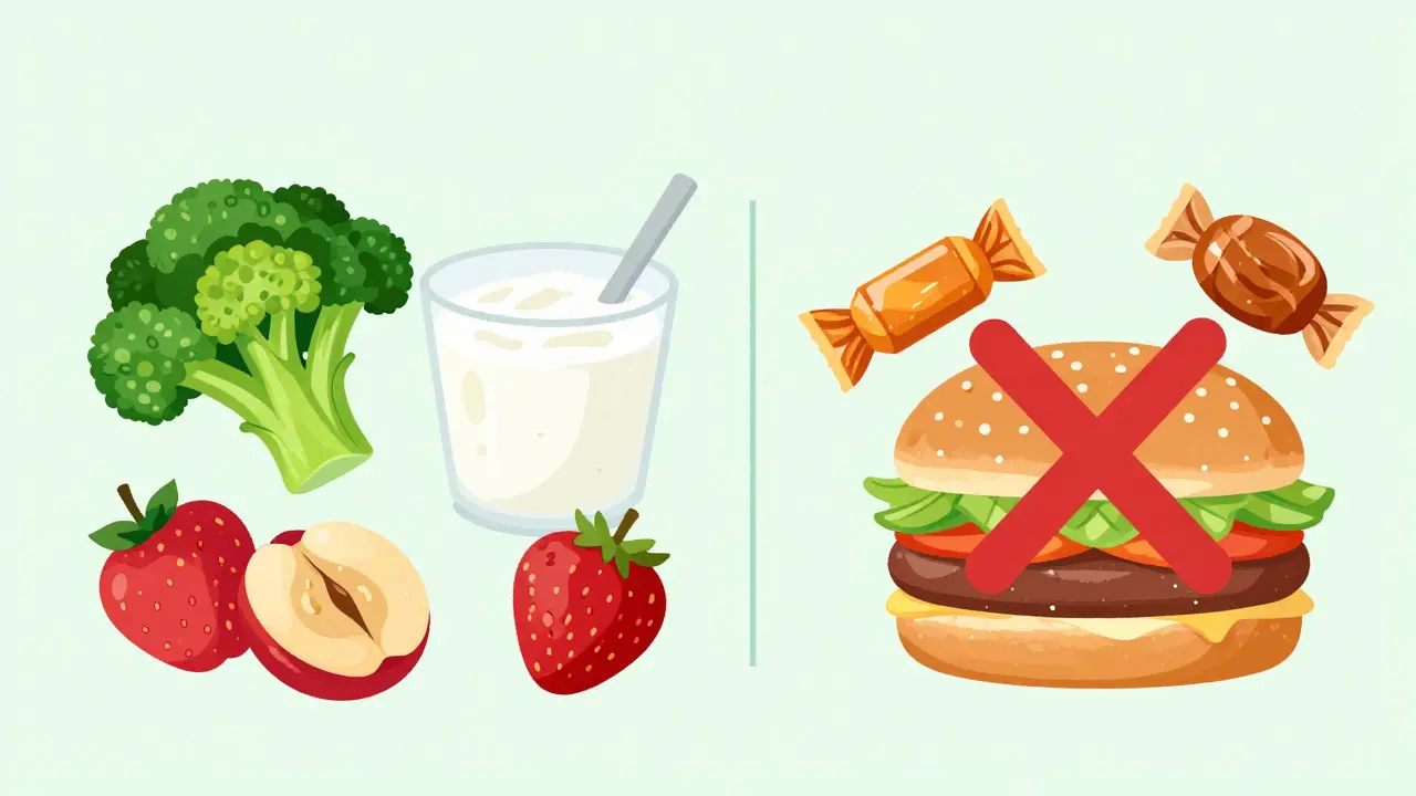 Kontrast mezi bezpečnými a nebezpečnými potravinami pro lidi s rovnátky, bez textu, v pastelových barvách.