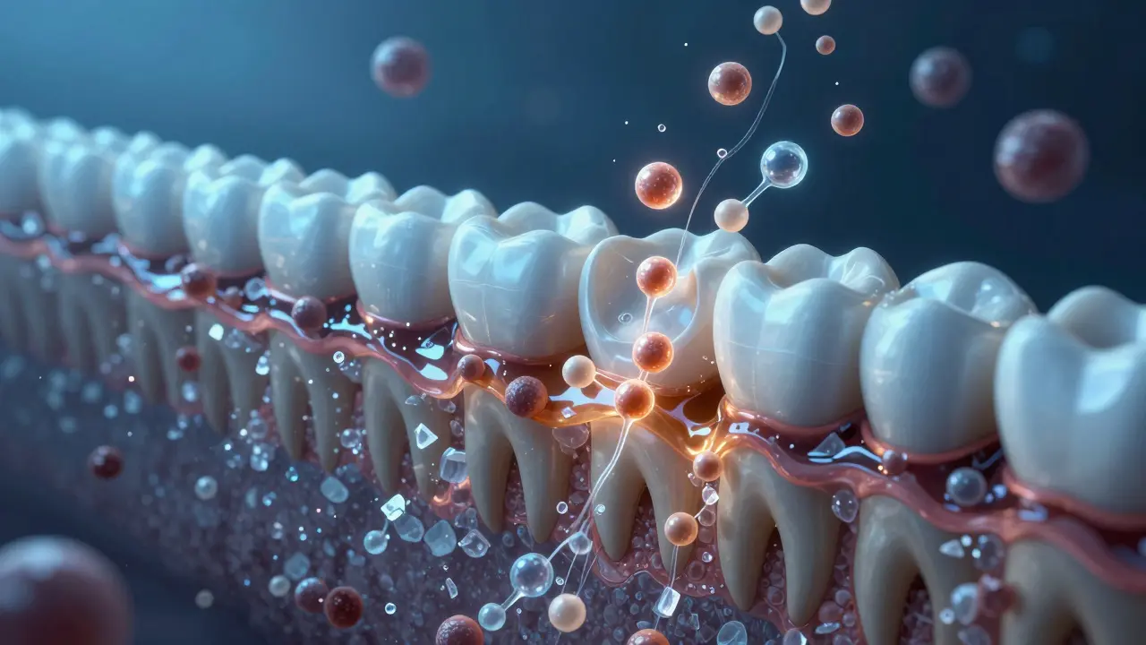 Kyseliny z bakterií ničí zubní sklo, znázorněno jako odstraňování minerálů.