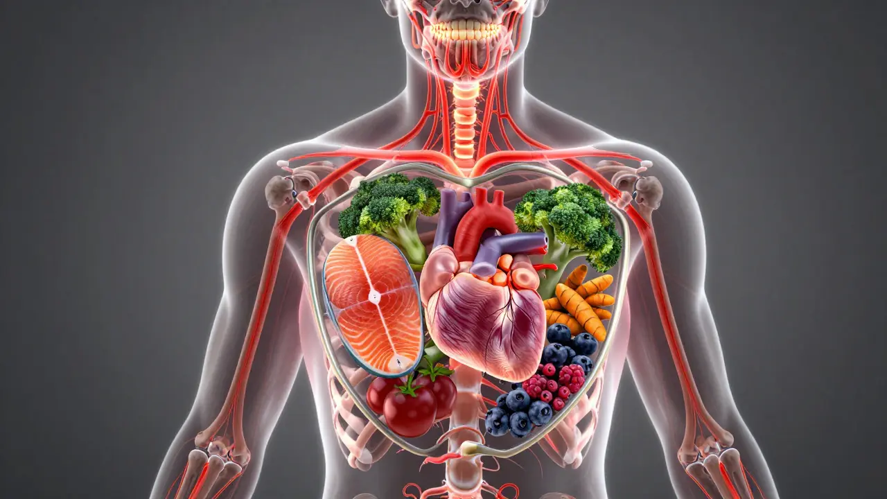 Lidské tělo s červenými cestami zánětu z úst do kloubů a srdce, obklopené zdravými potravinami jako losos a brokolice.