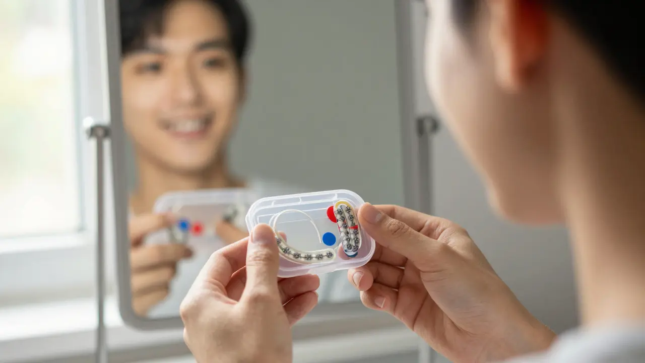 Mladý člověk drží krabičku s gumičkami na rovnátka, v zrcadle viditelný úsměv.