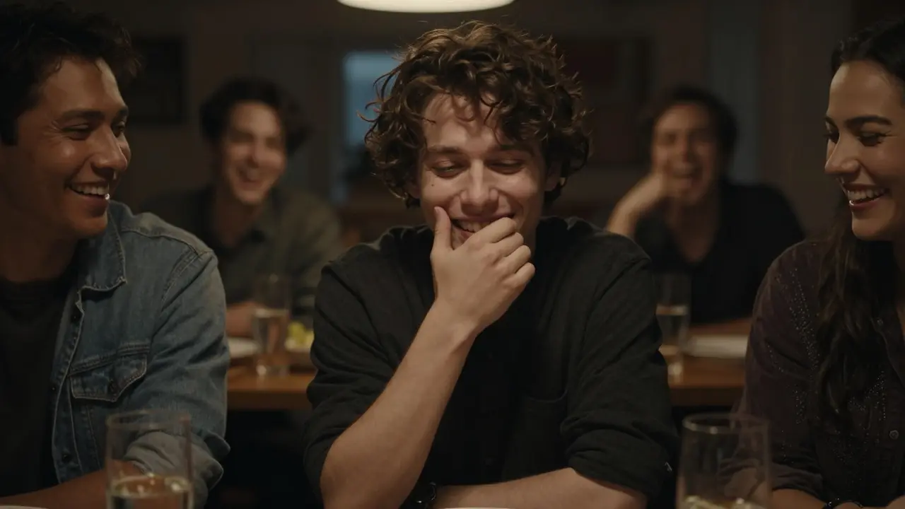 Muž při večeři se skrytou úsměvem, skryjící změnu barvy zubu.