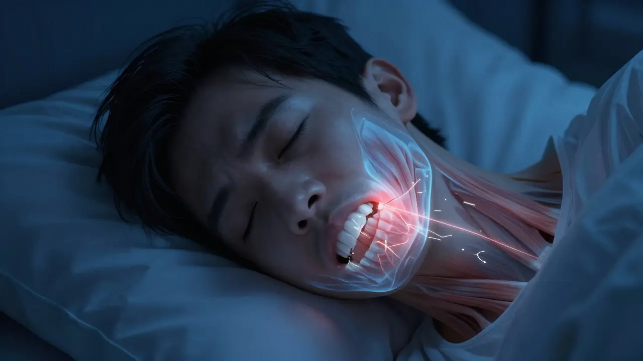 Person sleeping with clenched jaw, invisible cracks forming in teeth due to bruxism