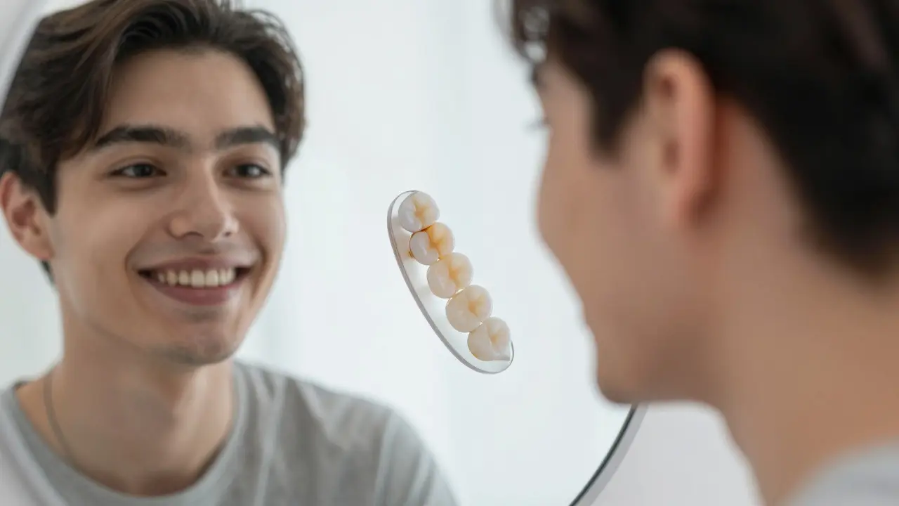 Person smiling at mirror with transparent overlays showing veneer types beneath