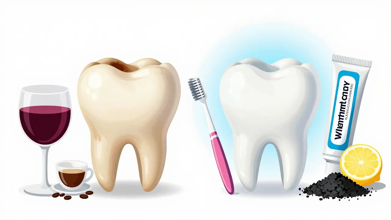 Porovnání zubu před a po bělení s potravinami, které způsobují skvrny.