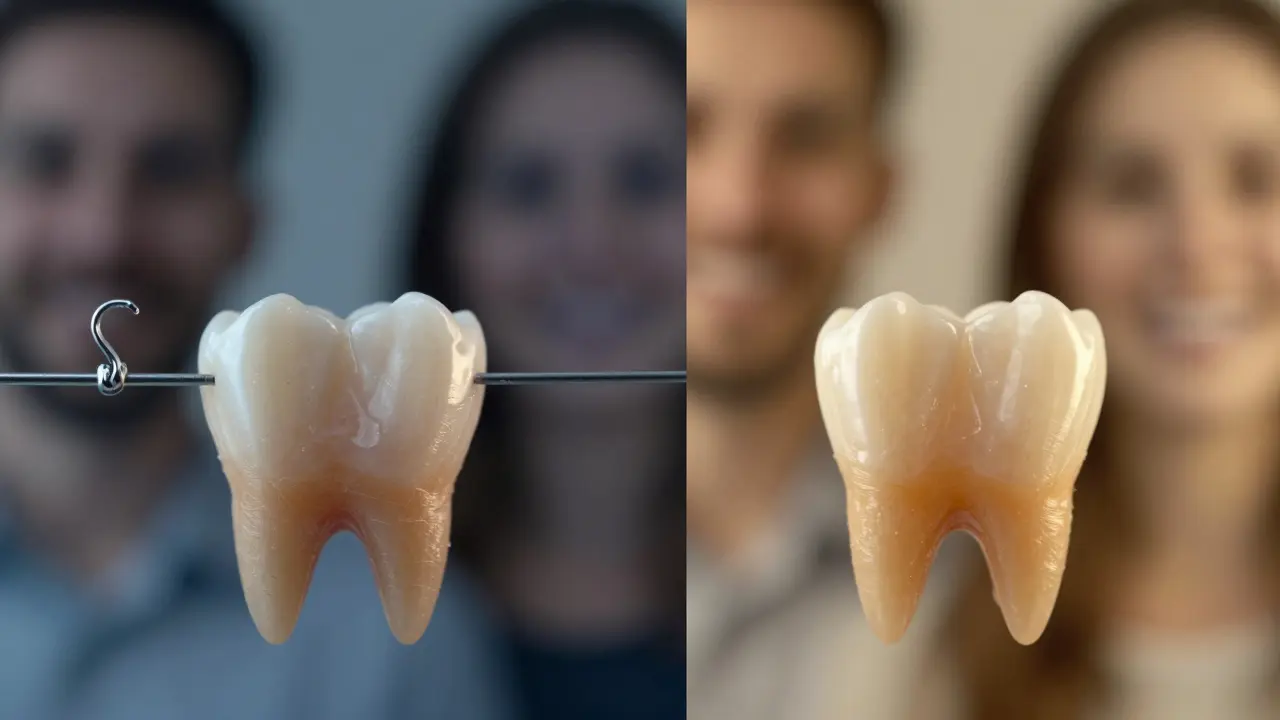 Před a po: zub přesunutý do správné polohy díky ortodontickému hřebíčku.