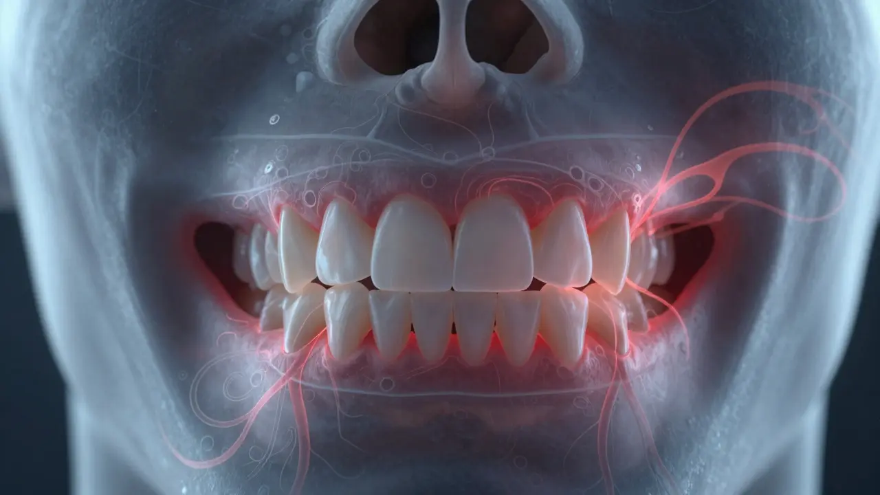 Přehled čelisti s průhledným zobrazením rozpadu kosti pod předními zuby a premolary, s červeným zánětem.