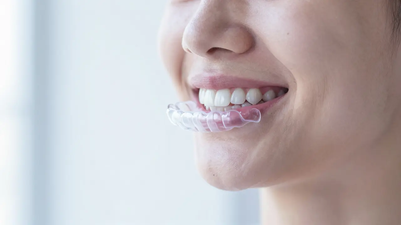 Průhledný retainer na rovných zubech po ortodontii