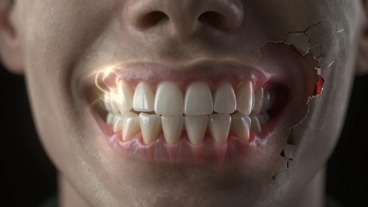 Průřez čelistí s viditelnými vazivovými tkáními udržujícími zuby na místě.