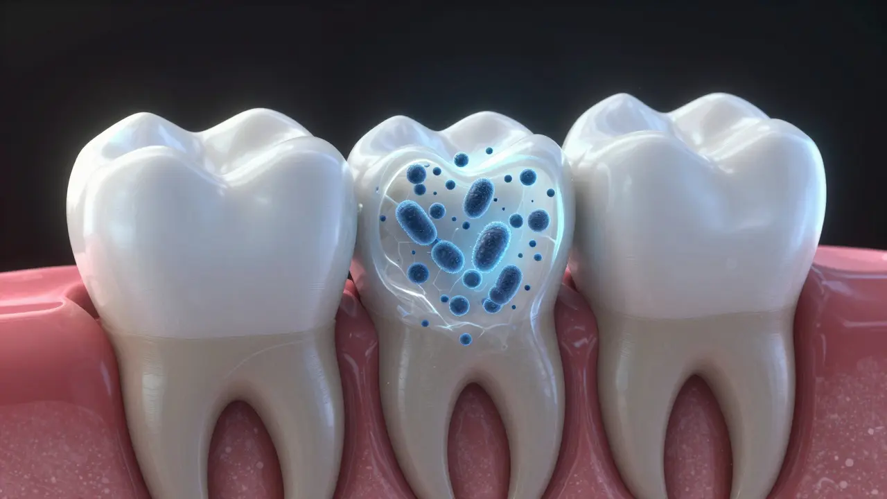 Průřez zubem ukazující rozklad minerálů v enamelu kvůli kyselinám.