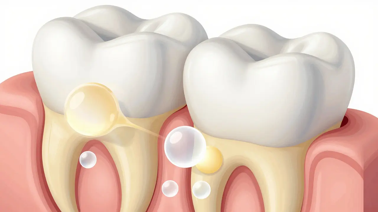 Průřez zubem ukazující sklovinu a proces odbarvování pigmentů