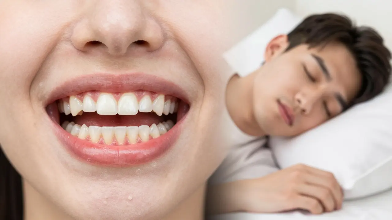 Rozdělená tvář: jedna strana s zánětem a křivými zuby, druhá se zdravými zuby a klidně spící osobou.