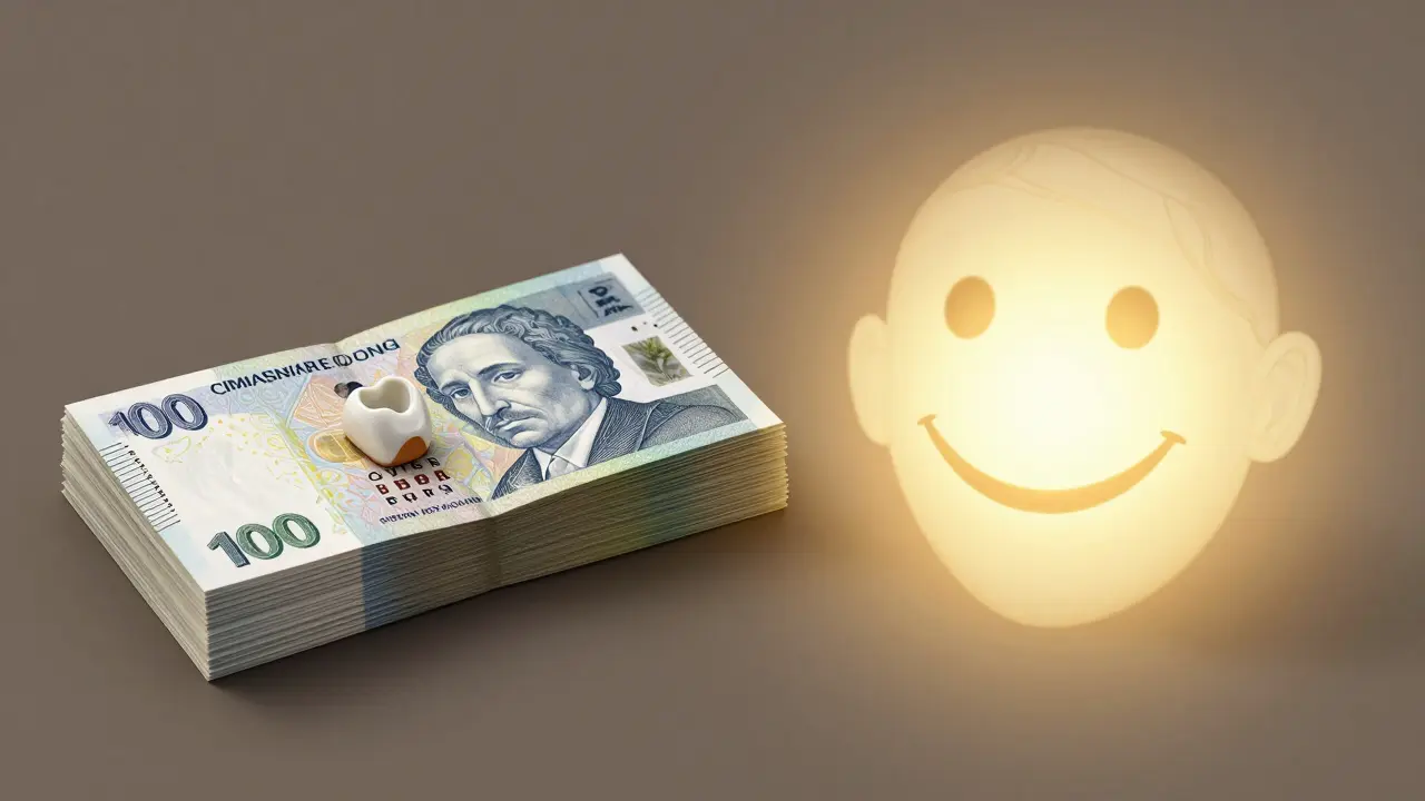 Rozdělený obraz: koruny a jedna fazeta proti zářícímu úsměvu – investice do sebe.