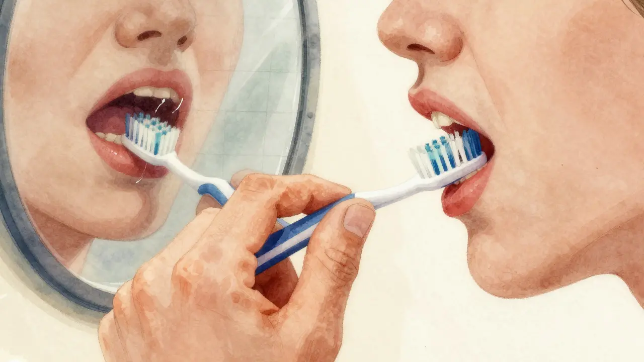 Ruka s revmatoidní artritidou se snaží držet kartáček, zrcadlo ukazuje poškozené zuby.