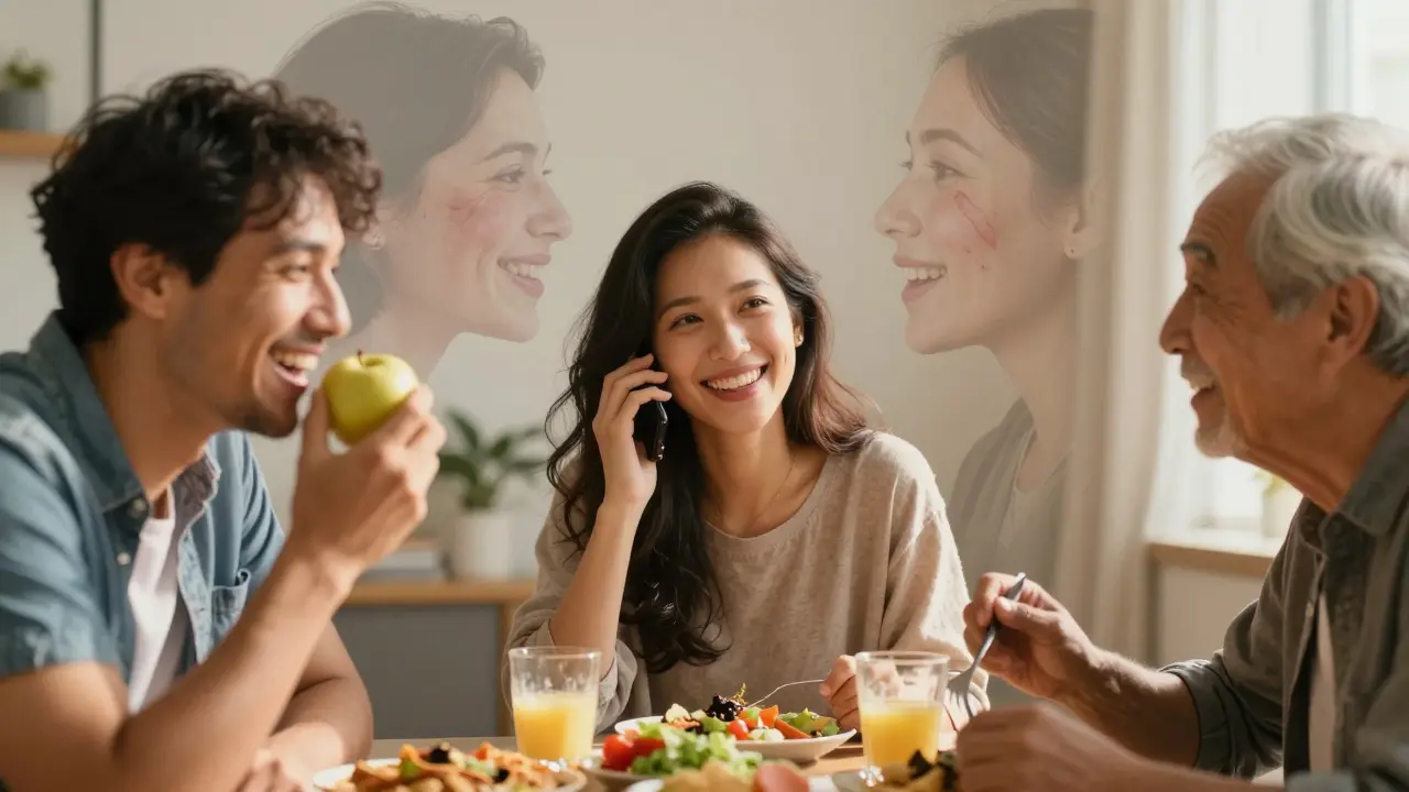 Různí lidé se smějí, jedí a mluví s přirozenými úsměvy po získání zubních implantátů.