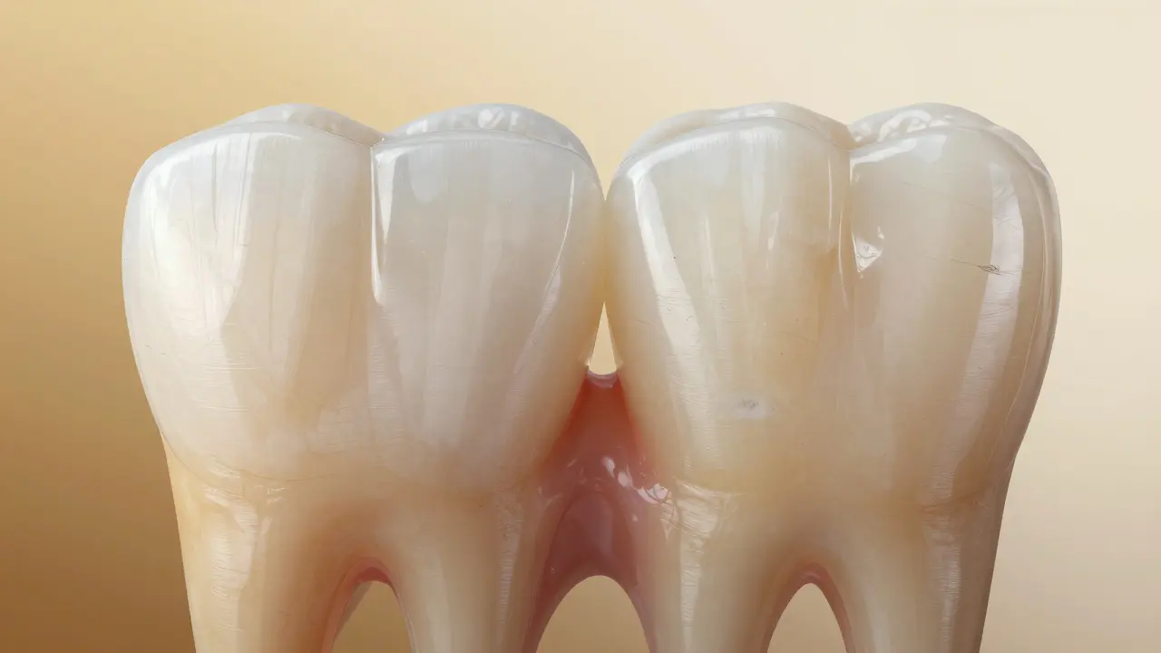 Side-by-side comparison of ceramic and composite veneers on a tooth model